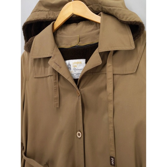 vtg London Fog Trench Coat Womens 16 PET Hooded Faux Fur Lined Belted Maincoat - Picture 2 of 9